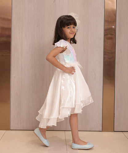 Pre Order: Pearl White Coloured Party Wear Frock for Girls (DM For Price)