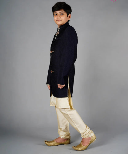 Navy Sherwani with Cream Colored Kurta-Pajama for Boys