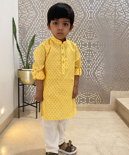 White and Yellow Colored Kurta Set for Baby Boy