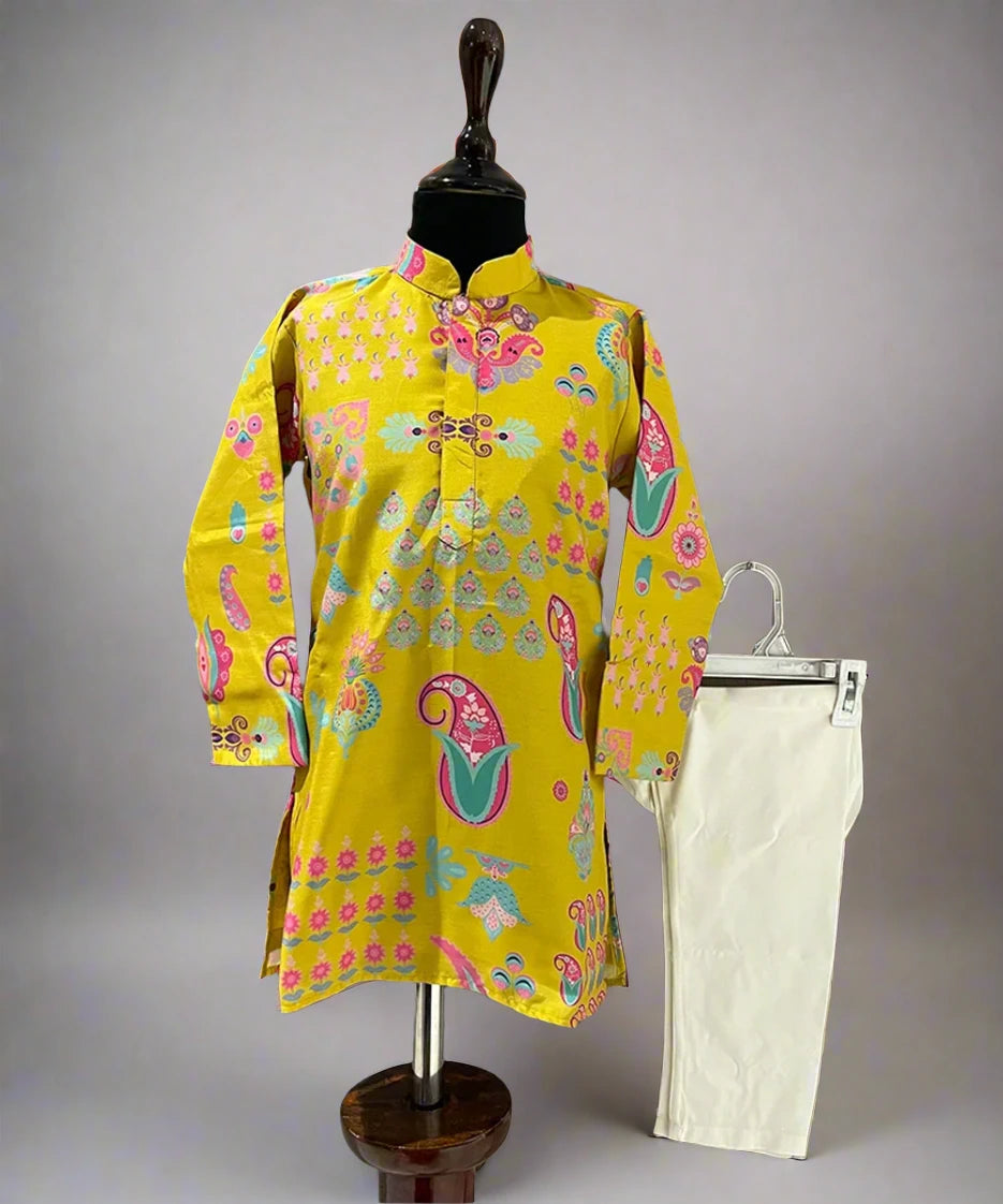 Yellow Coloured  Printed Wedding Wear Kurta Pajama Set for Infants