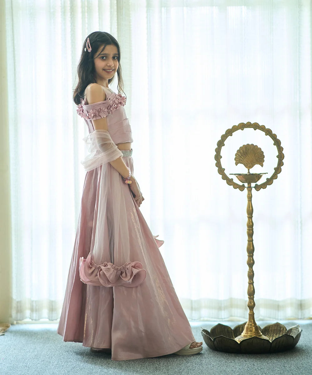 Pre-Order: Onion Pink Colored Wedding wear Lehenga Set for Girls (DM For Price)