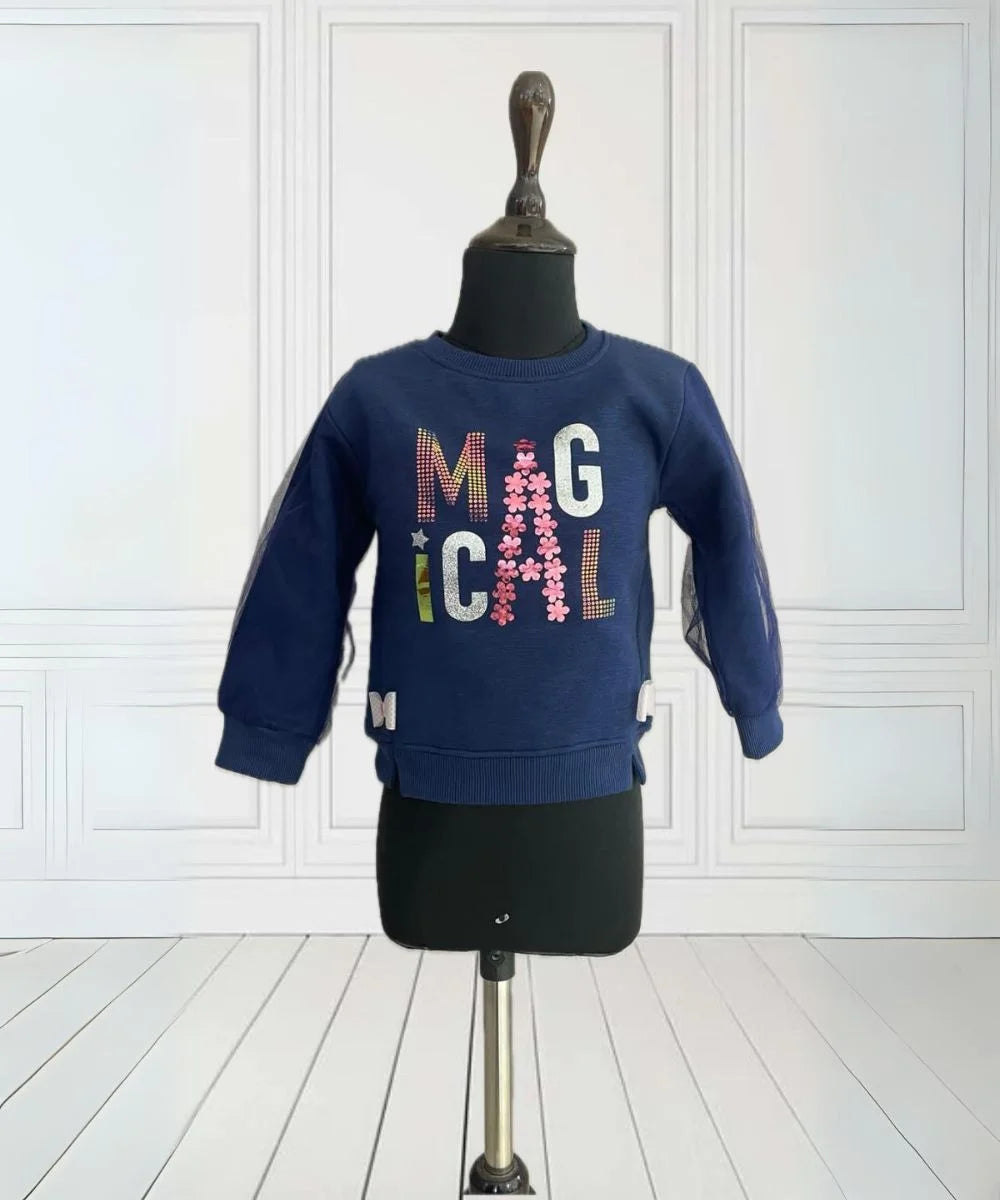 Navy Colored Printed Sweatshirt for Girls.