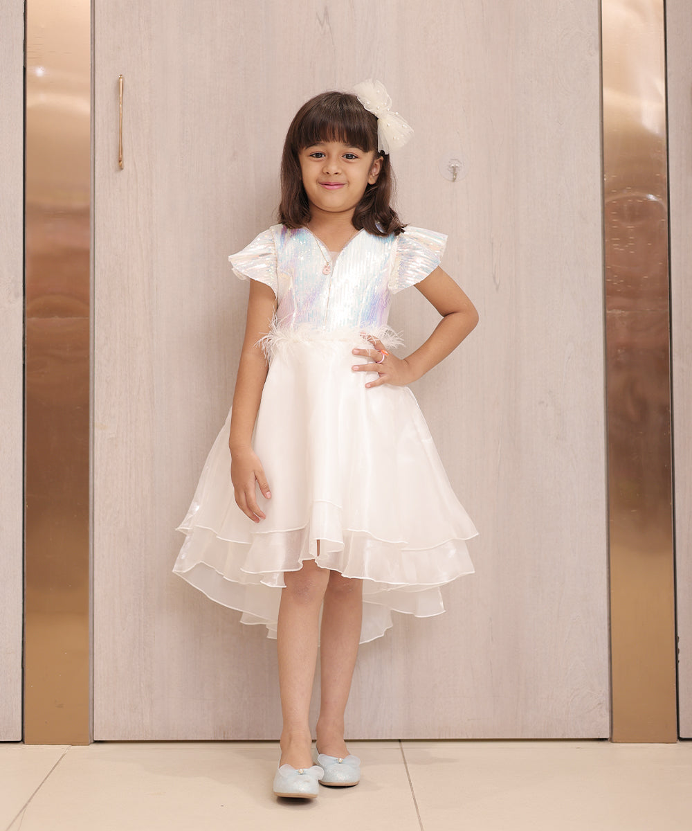 Pre Order: Pearl White Coloured Party Wear Frock for Girls (DM For Price)