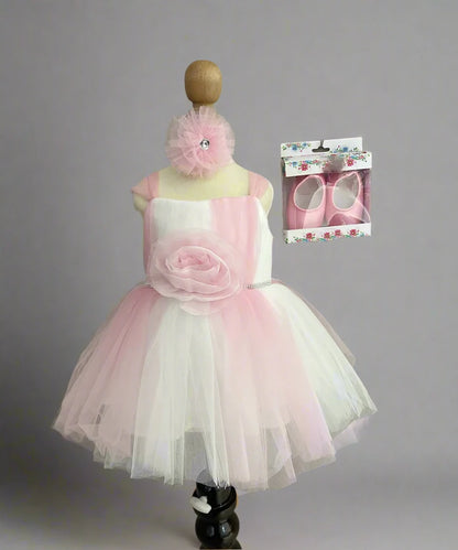 Pink & White Coloured Short Party Frock with Matching Shoes