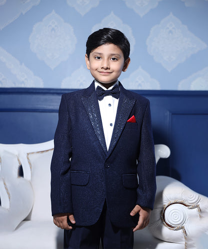 designer navy blue shimmer coat suit set for boys 