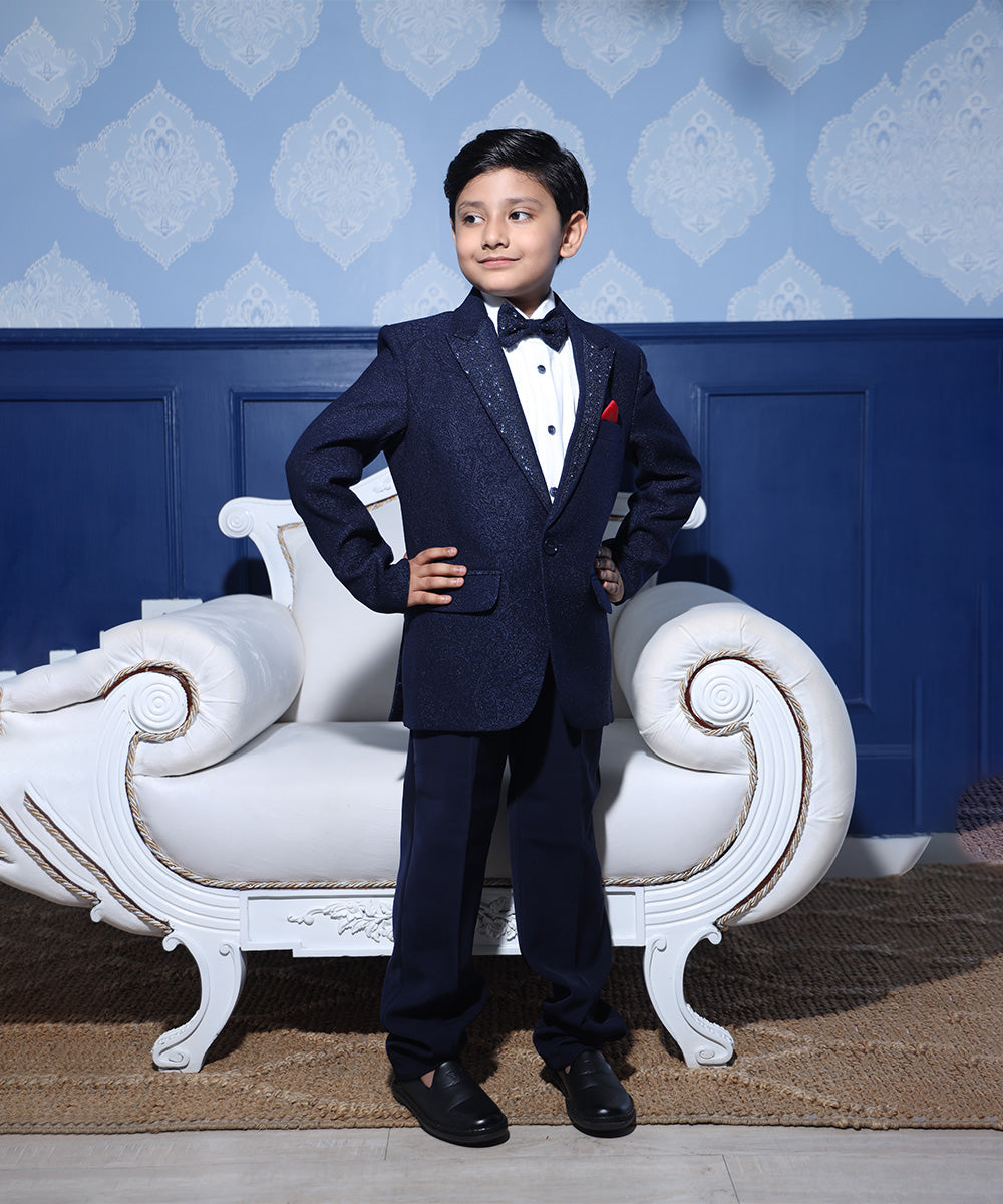 navy blue shimmer coat suit set for boys 