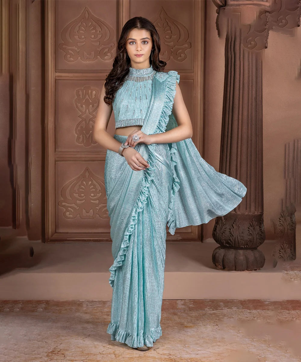 Sky Blue Coloured Trendy Kids Party Wear Saree for Girls in Vibrant Designs