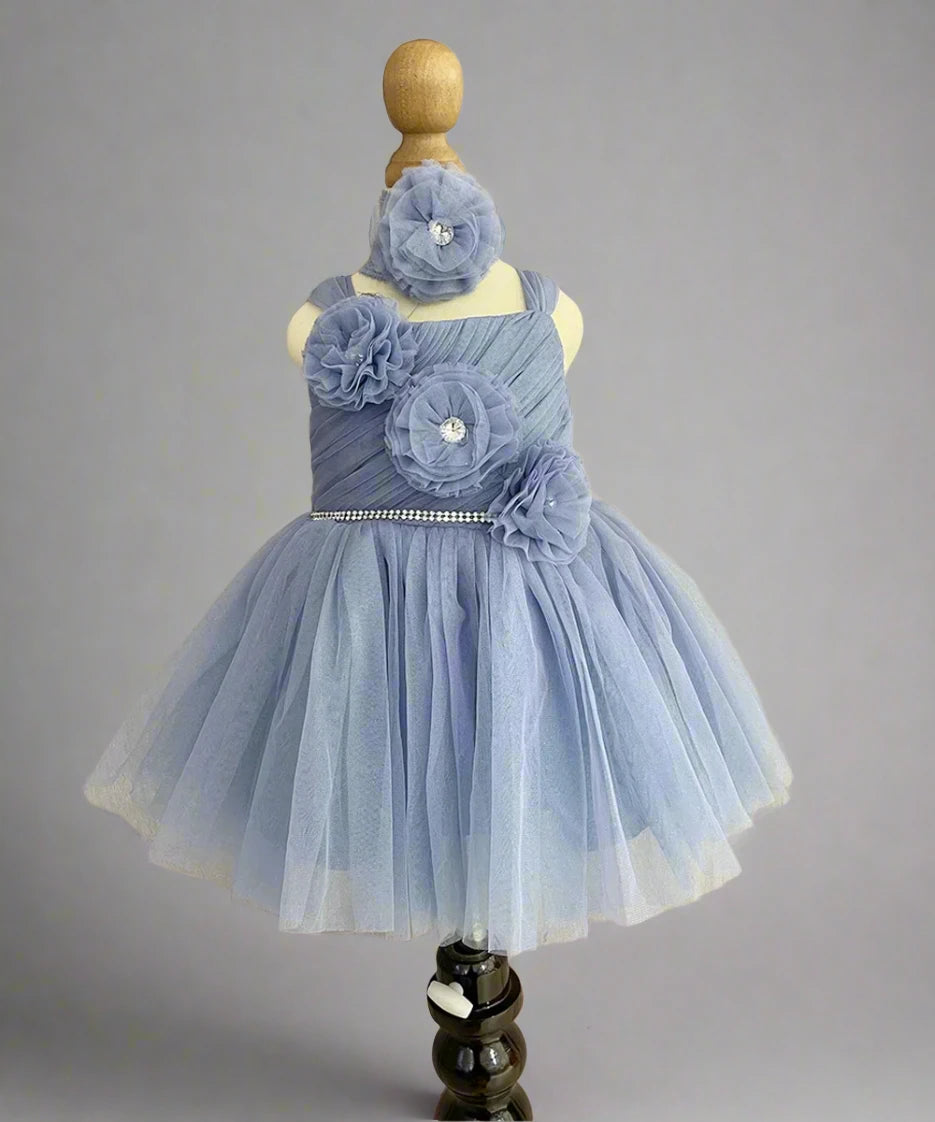 Powder Blue Coloured Floral Frock with Matching Shoes