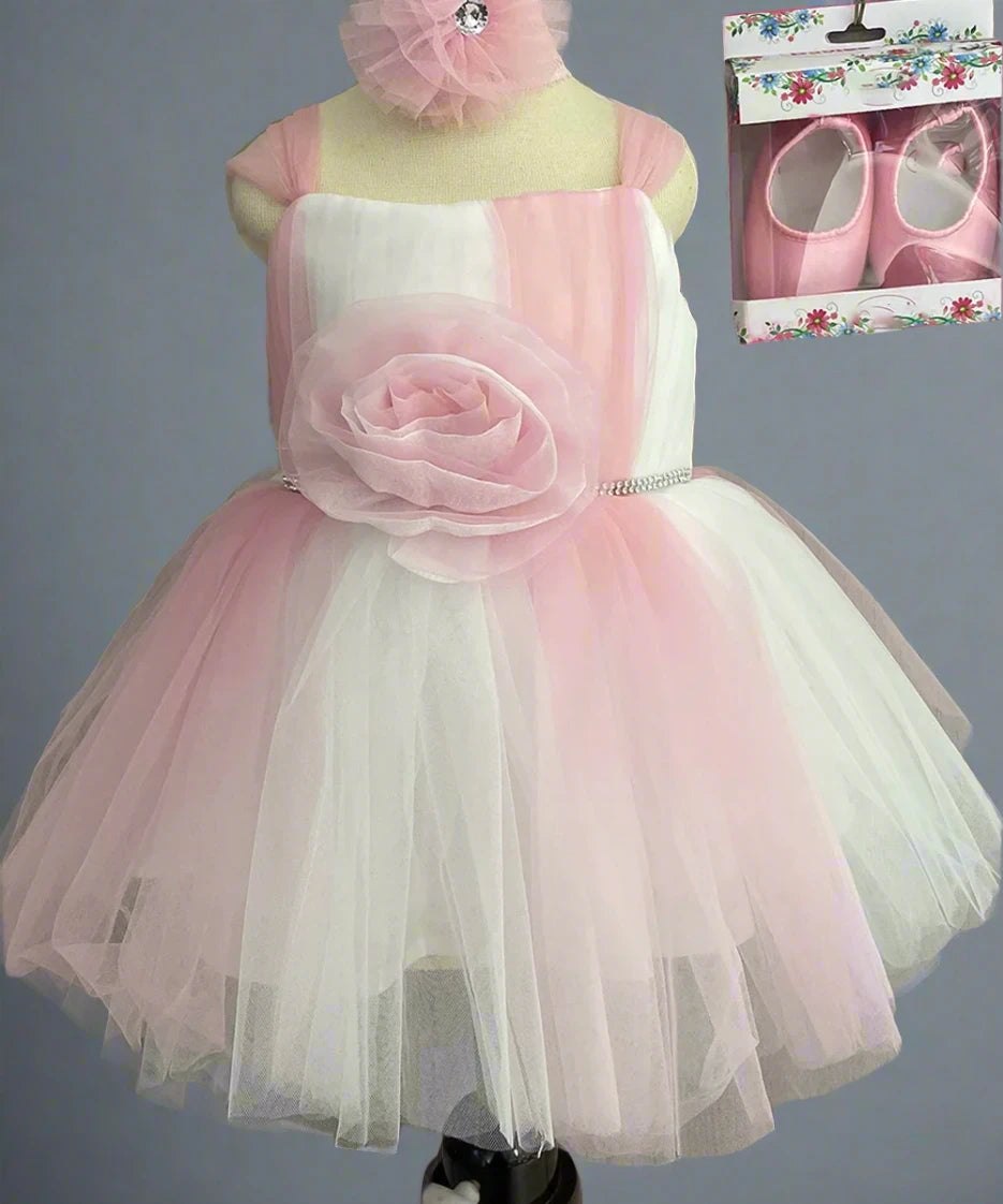 Pink & White Coloured Short Party Frock with Matching Shoes