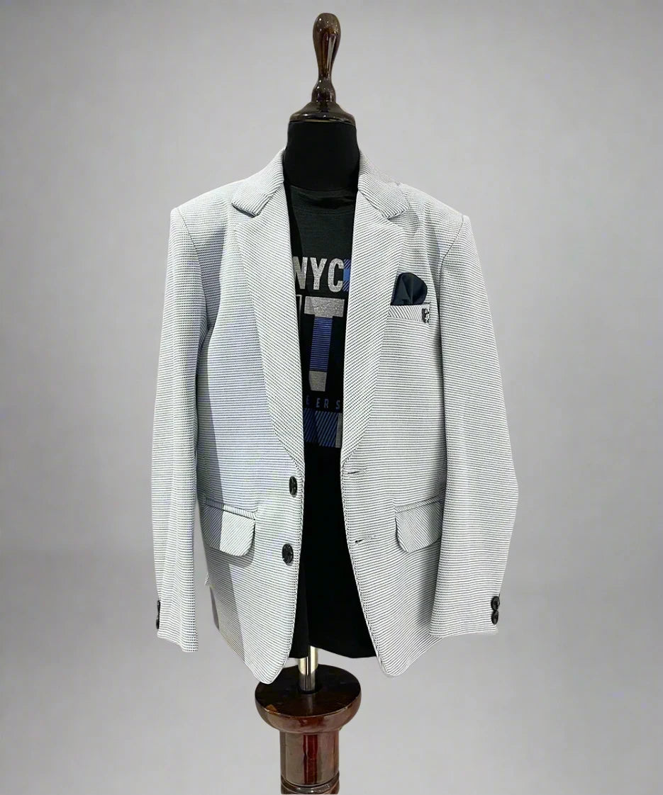 Navy &amp; White coloured Self-Striped Blazer with a Matching T-Shirt for Boys