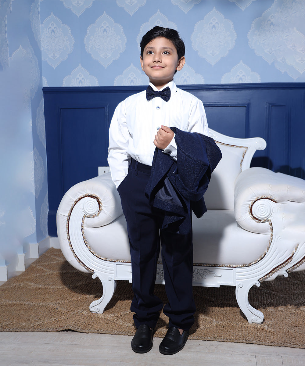 party wear navy blue shimmer coat suit set for boys 