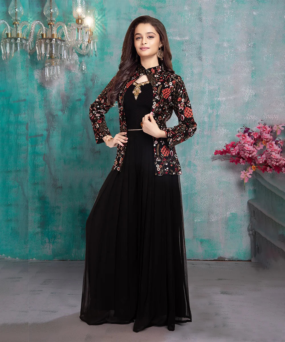 Elegant Black-Colored Kids Gown with Embroidered Jacket & Beautiful Neck Detailing