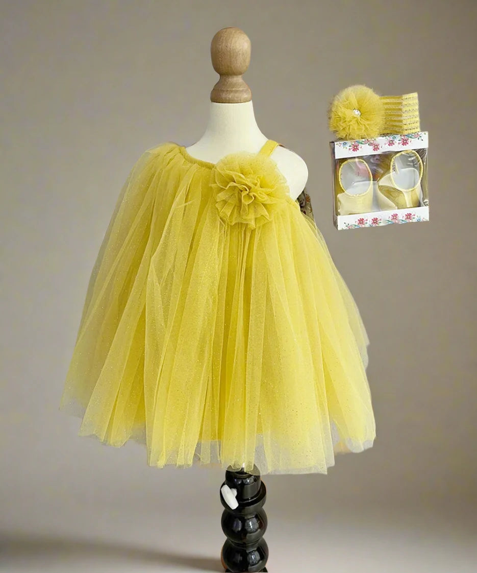 Yellow Coloured Stylish Net Frock with Matching Shoes