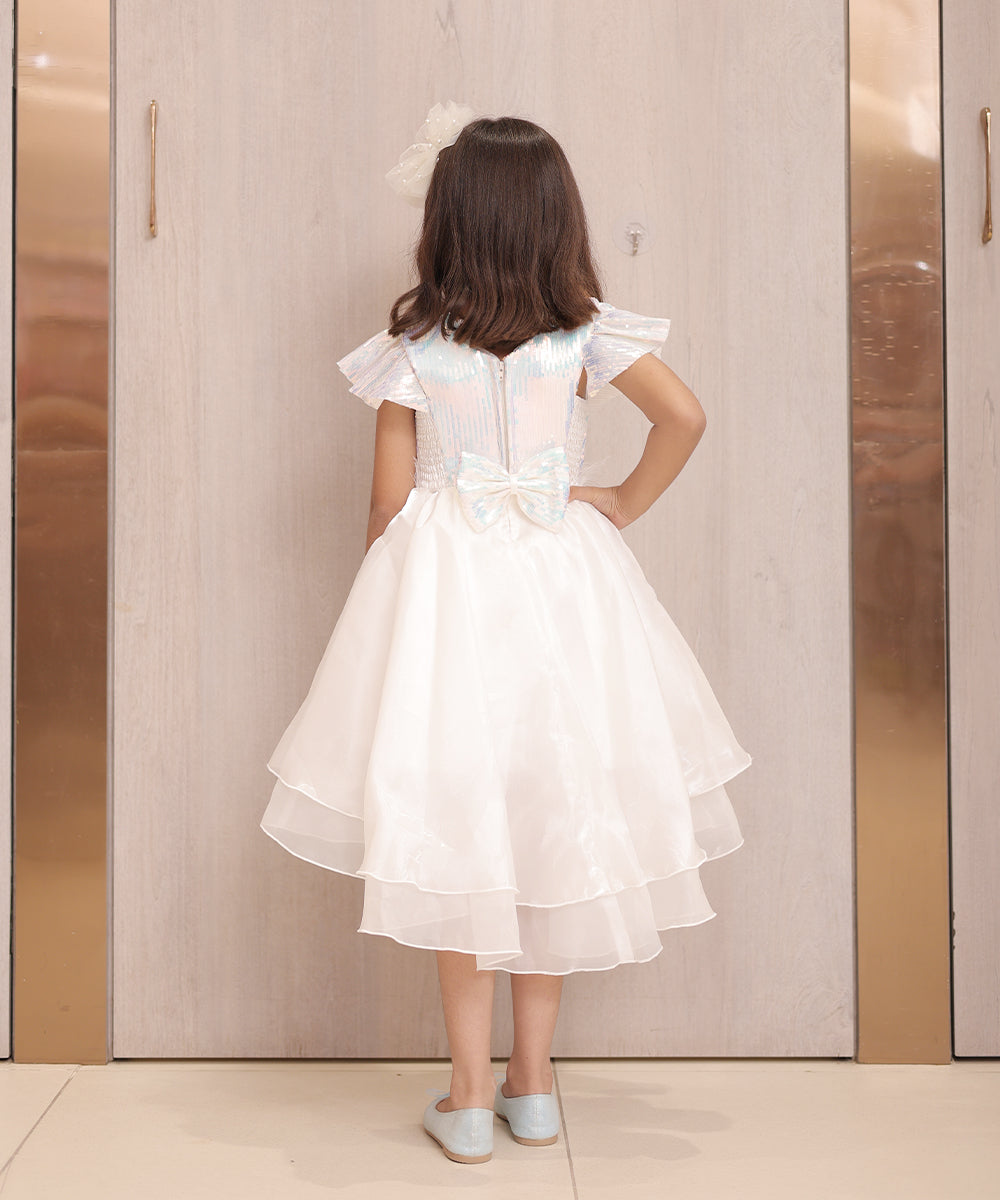 Pre Order: Pearl White Coloured Party Wear Frock for Girls (DM For Price)