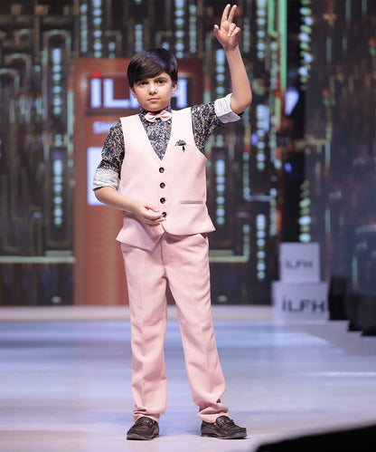 Peach Color  Waist Coat Set with Printed Shirt For Boys