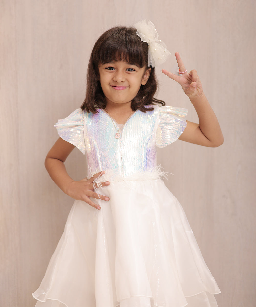 Pre Order: Pearl White Coloured Party Wear Frock for Girls (DM For Price)