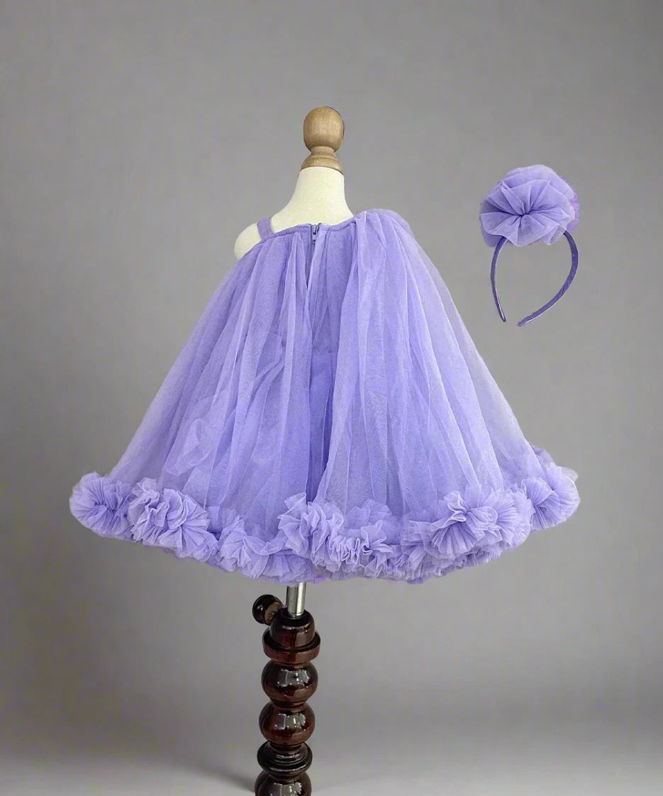 Purple Coloured Stylish Net Frock with Matching HairBand