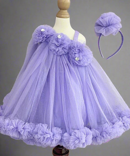 Purple Coloured Stylish Net Frock with Matching HairBand