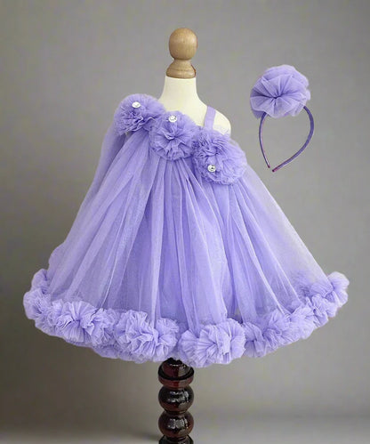 Purple Coloured Stylish Net Frock with Matching HairBand