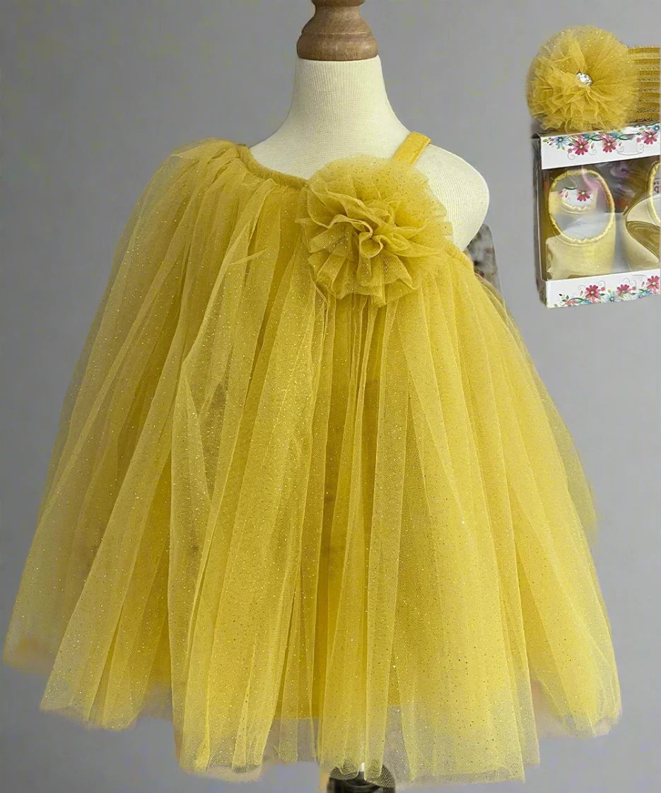 Yellow Coloured Stylish Net Frock with Matching Shoes