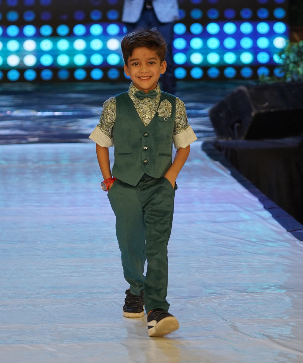 Green Colored Self-Printed Waist Coat Set for Boys