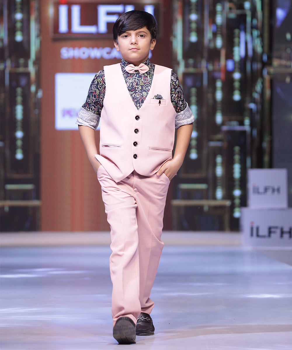 Peach Color  Waist Coat Set with Printed Shirt For Boys