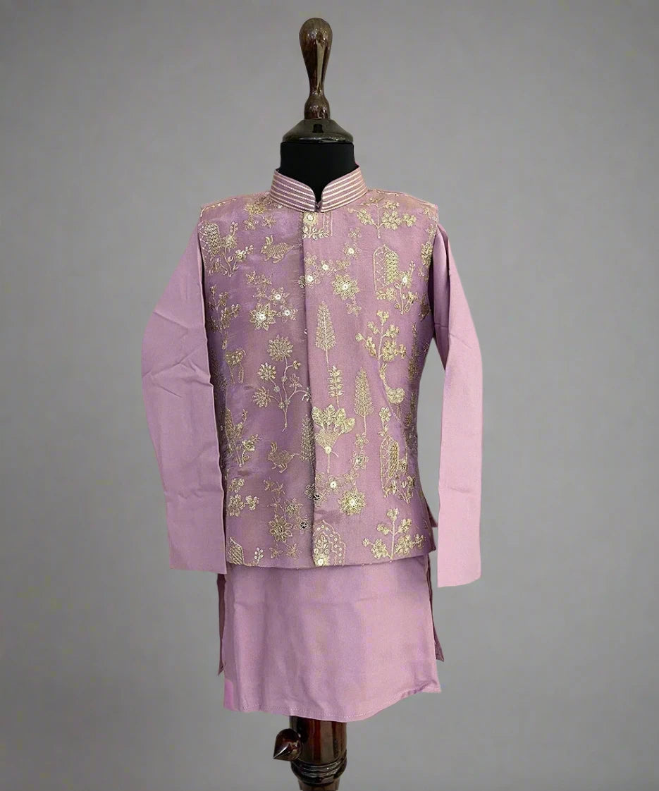 Purple Coloured Kurta Pyjama Set with Embellished Koti