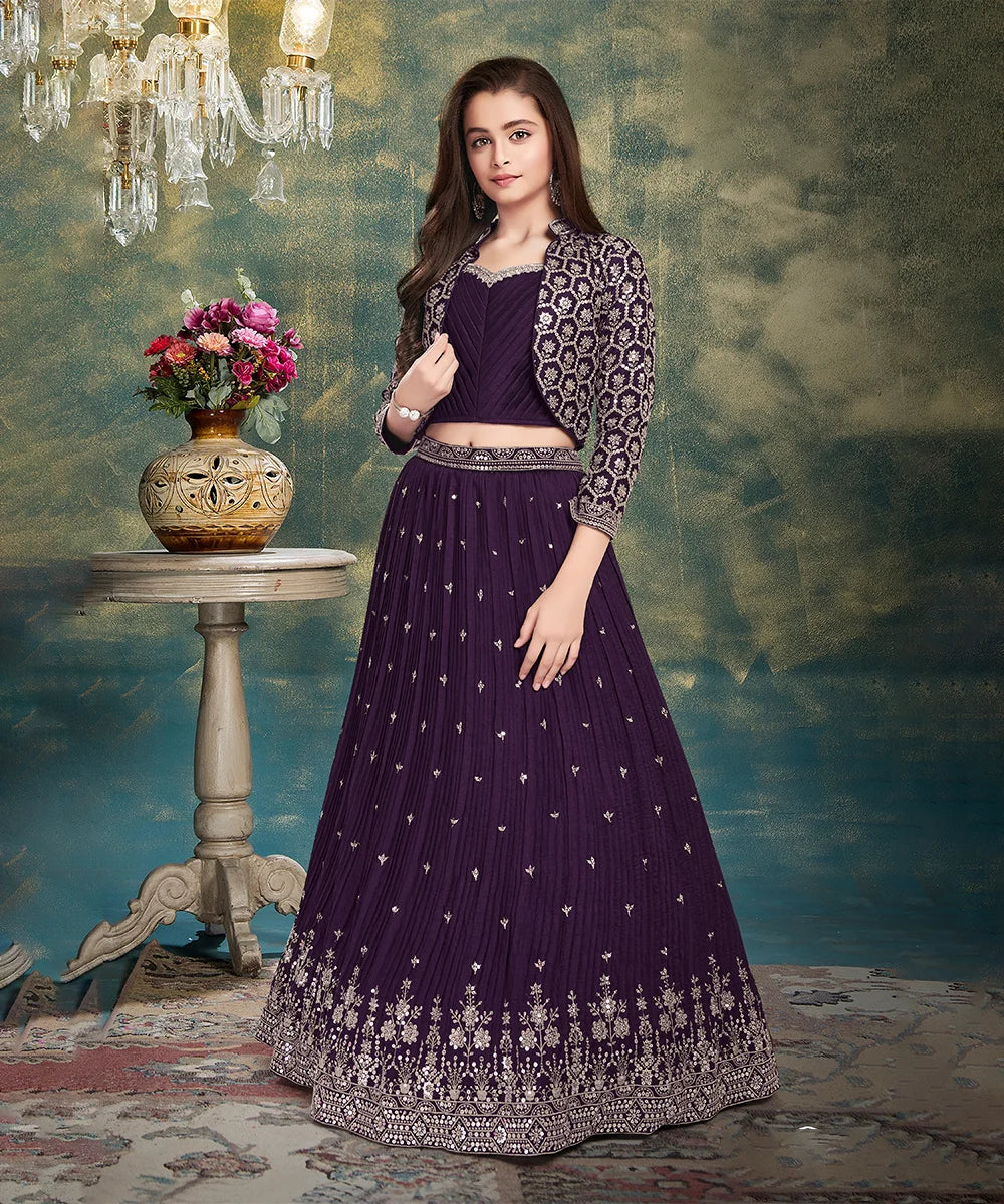 Beautiful Wine-Colored Kids Lehenga with Embroidered Jacket & Crop Top