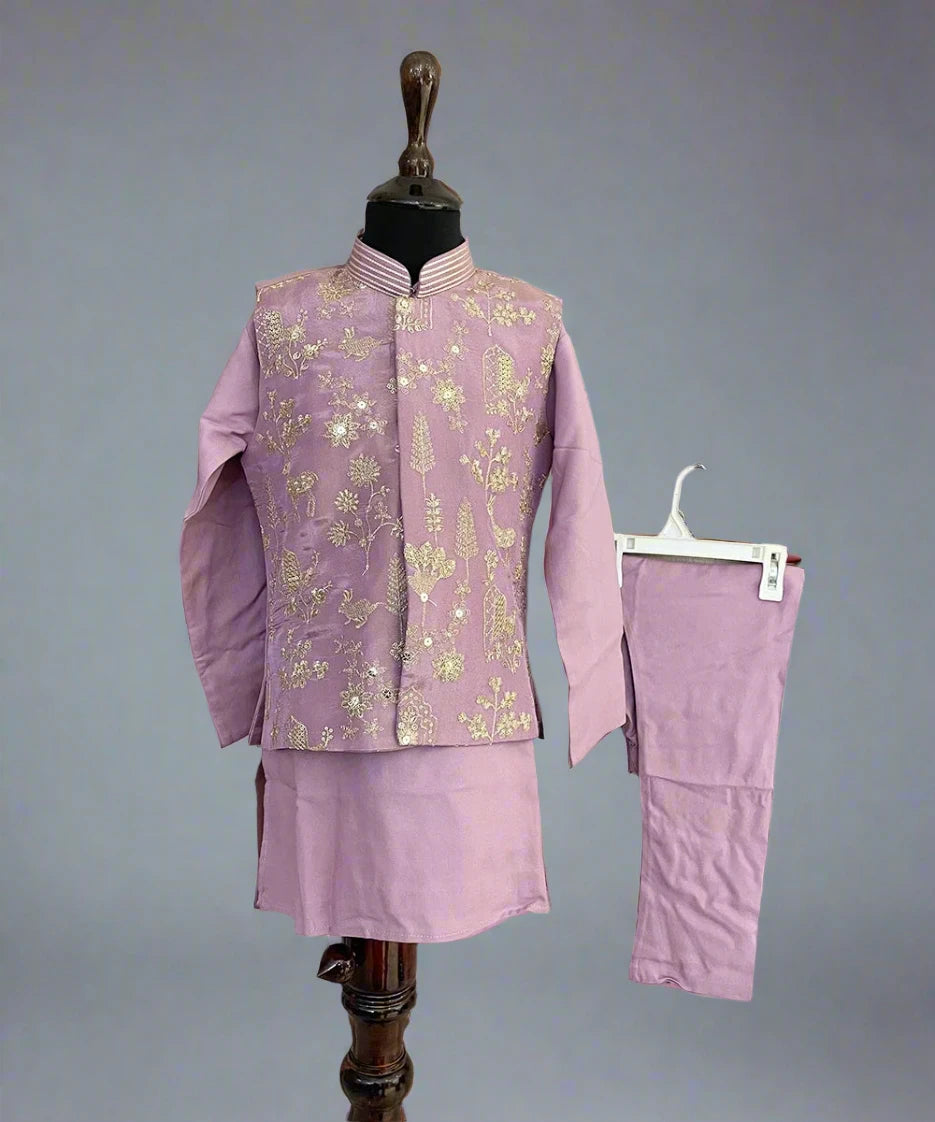 Purple Coloured Kurta Pyjama Set with Embellished Koti