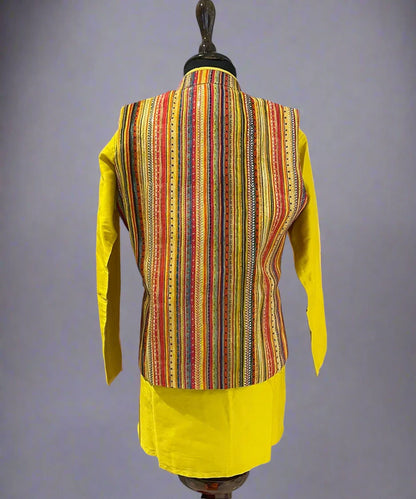 Mustard Coloured Kurta Set with Self-Striped Waistcoat