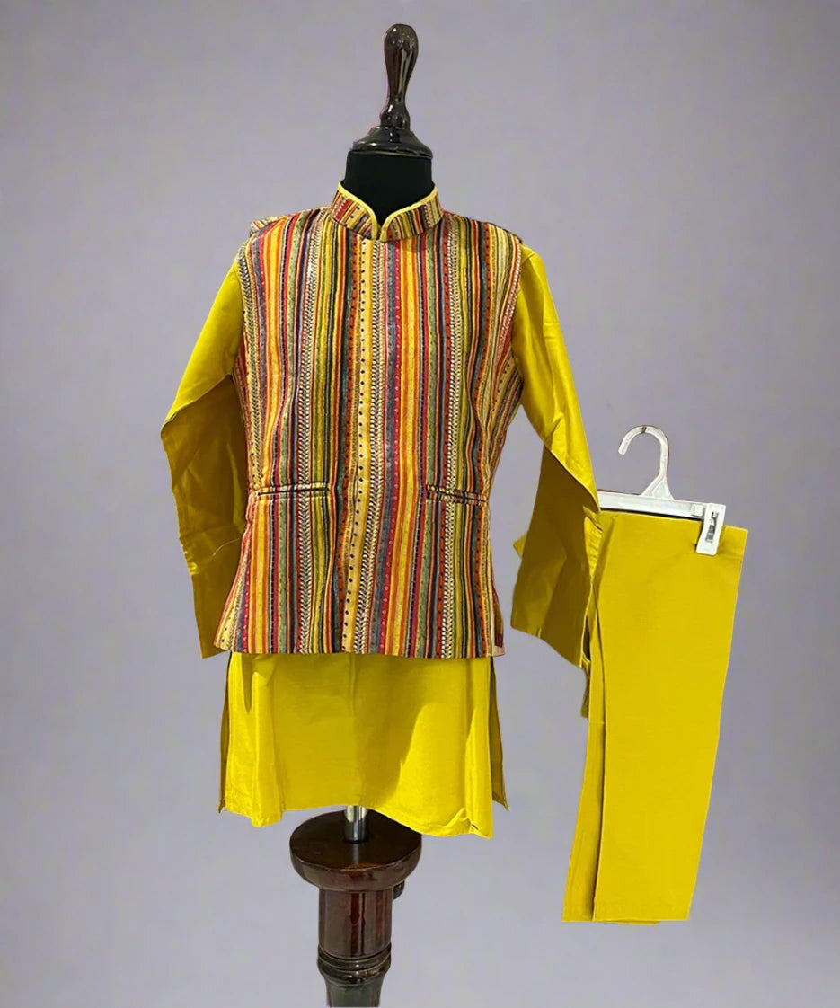 Mustard Coloured Kurta Set with Self-Striped Waistcoat