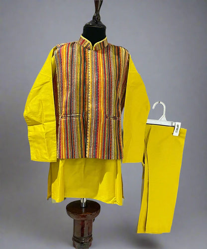 Mustard Coloured Kurta Set with Self-Striped Waistcoat