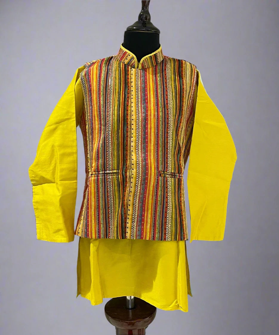 Mustard Coloured Kurta Set with Self-Striped Waistcoat