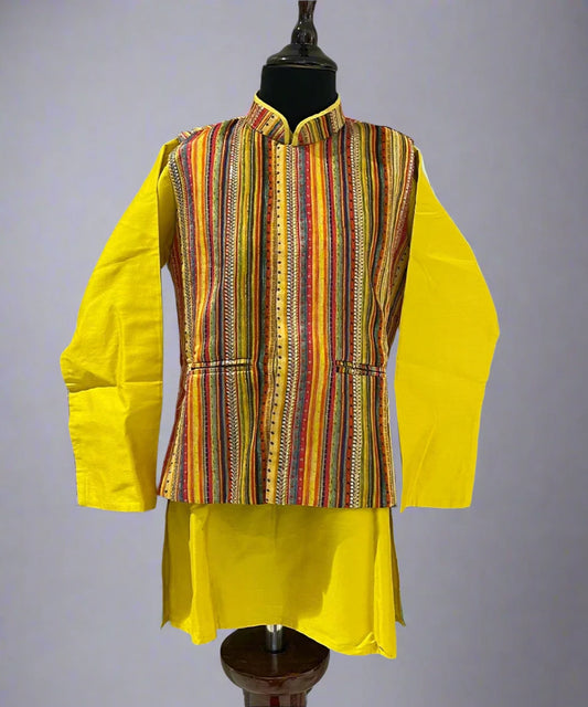 Mustard Coloured Kurta Set with Self-Striped Waistcoat